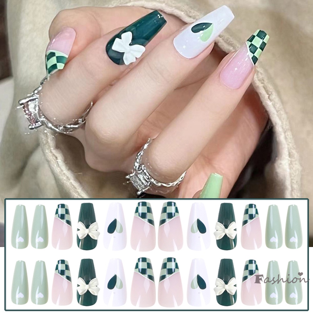 Bộ 24 Móng Tay Giả Dáng Dài Màu Xanh Lá Che Phủ Toàn Diện Có Thể Tháo Rời Kèm Keo Dán Thạch/ Móng Tay Nhân Tạo Cho Nữ &amp; Bé Gái