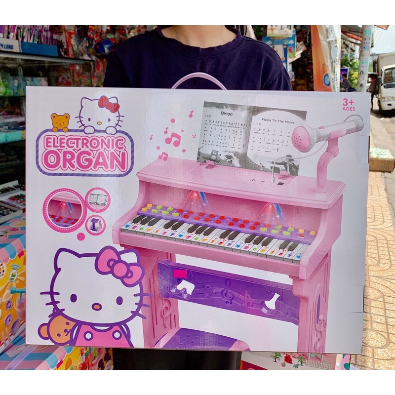 Bộ đàn piano Hellokitty lớn có ghế ngồi và mic hát cho bé