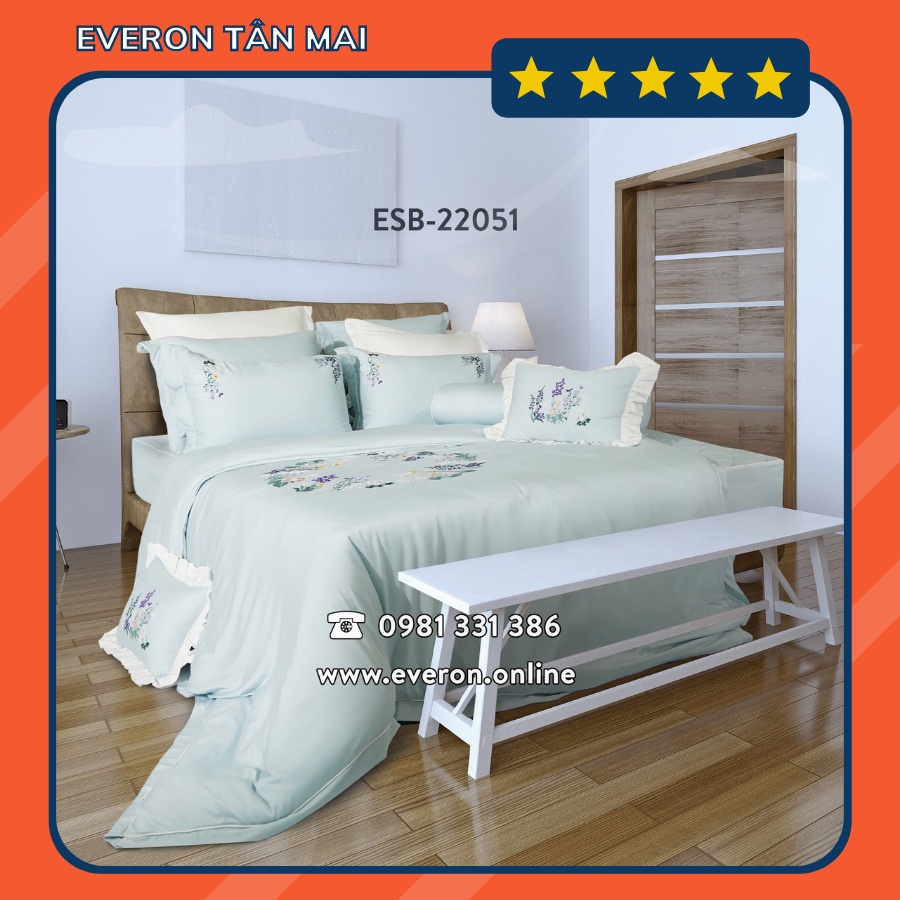 Bộ Chăn Ga Everon ESB22051 Màu Xanh Chất Liệu Bamboo Chính Hãng