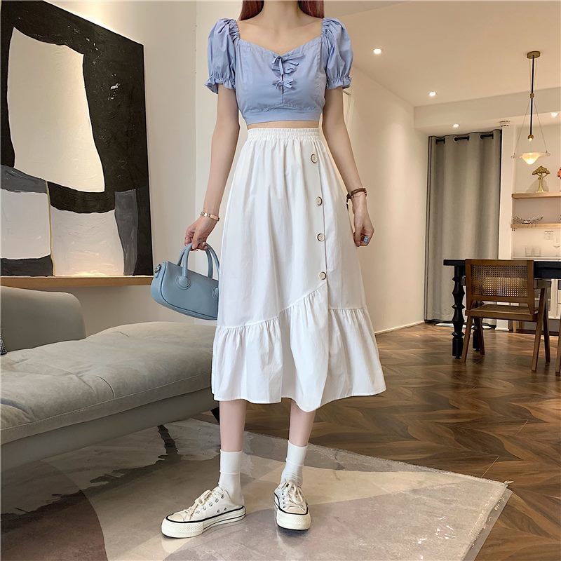 Women's Korean-Style Mid-Length Skirt High Waist Slimming All-Matching White DesignaWord Skirt