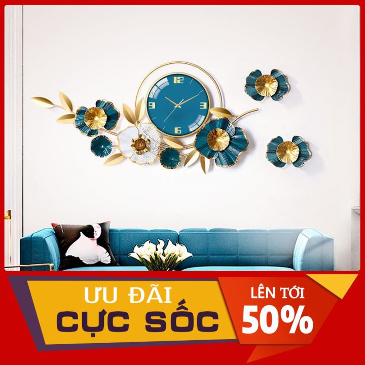 [HÀNG CAO CẤP] Đồng Hồ Treo Tường Trang Trí Nghệ Thuật Hoa Mai Xanh 95x55cm Thép Mạ Sơn Chống Gỉ Bạc Màu A2106