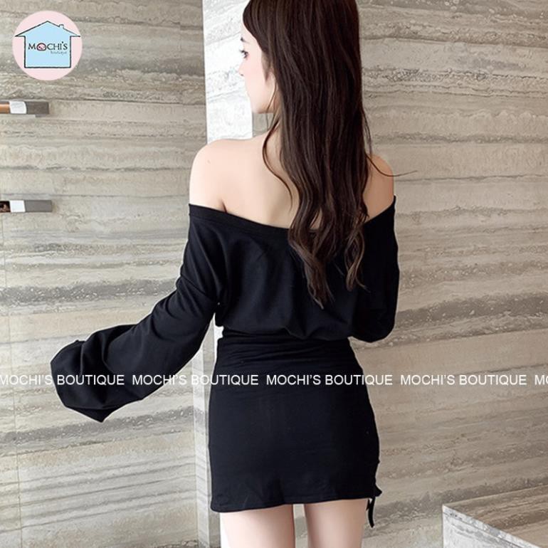 Váy đầm body dài tay lệch vai dây rút, mẫu Váy đầm len tăm body rút dây tôn dáng cực xinh -M027  ྇