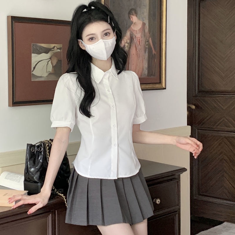 Shirt White closed waist college style top sweet short-sleeved summer polo shirt Women's chic lace design bubble sleeve KhOc