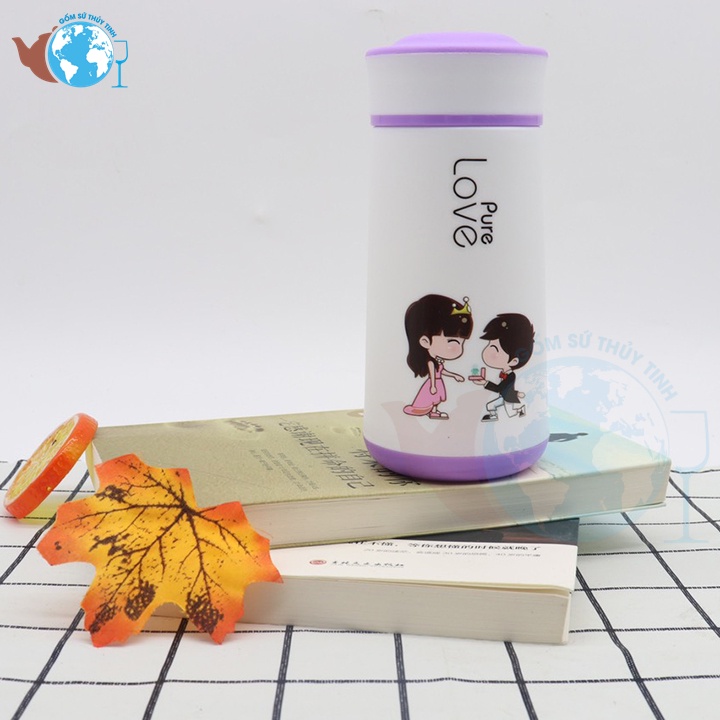 Bình giữ nhiệt lõi thủy tinh vỏ bọc nhựa in hình dễ thương 400ml và 450ml-đặc biệt có dây xách rất tiện lợi