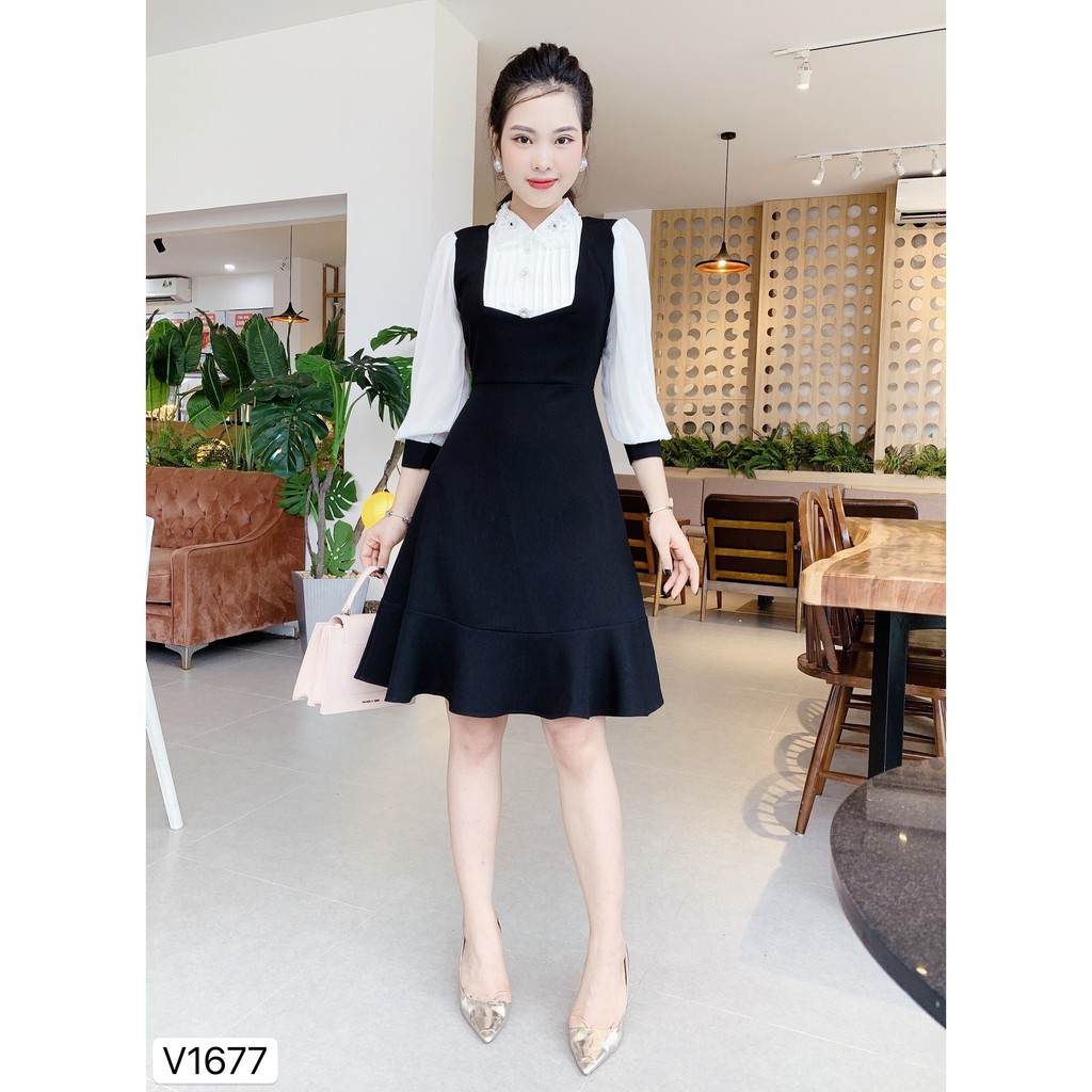 Váy đen xòe tay phối trắng V1677  - QUEEN SHOP DOLCE VIVA COLLECTION (ảnh người mẫu và ảnh trải sàn do shop tự chụp)