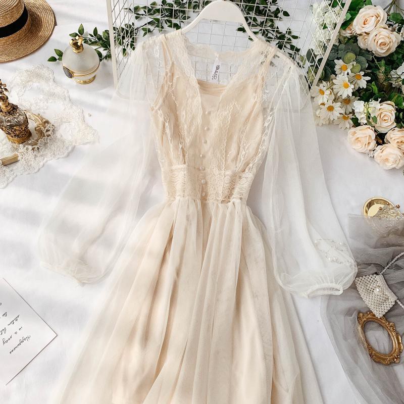 M34 - Đầm Ulzzang ren phối lưới đính nút eo chun dáng xòe dễ thương