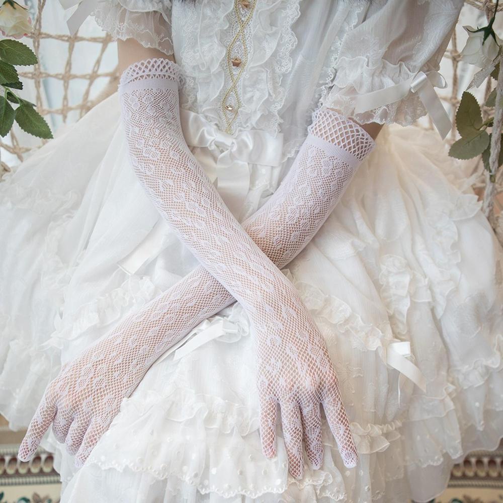 DARNELL Găng Tay Dài Vải Lưới Màu Trắng Đen Phong Cách Lolita