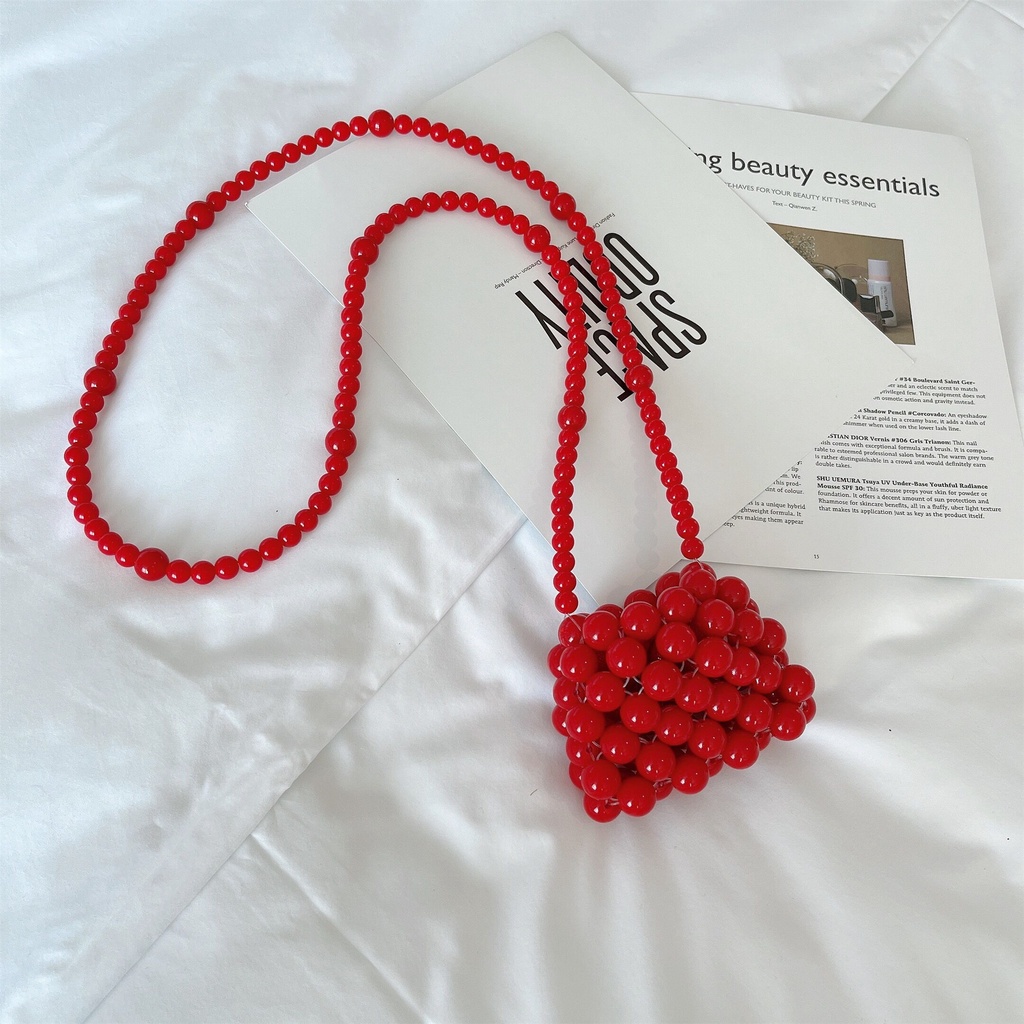 Túi đeo chéo mini đính hạt ngọc trai giả thủ công thời trang retro mùa hè 2021 sang trọng