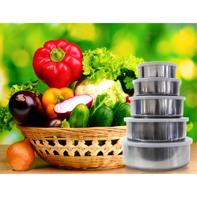 Bộ 5 Thố Inox Có Nắp Đậy Cao Cấp Kích Thước Từ 10 12 14 16 18 CM Có Thể Xếp Gọn Có Thể Bỏ Vào Lò Vi Sóng Tủ Lạnh