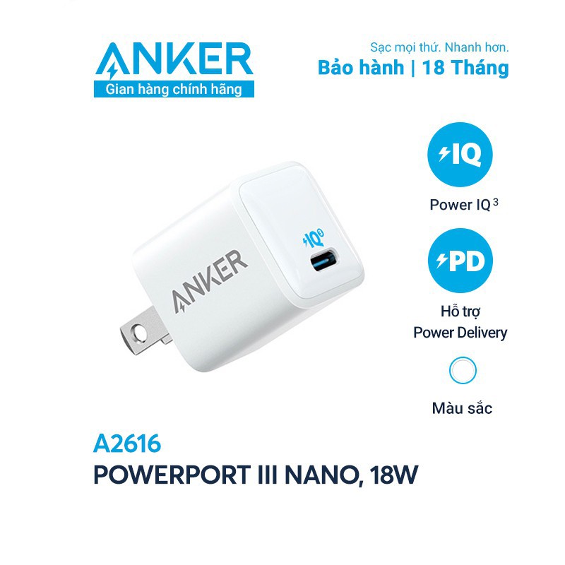 Sạc ANKER PowerPort III Nano 18W 1 cổng USB-C PiQ 3.0 tương thích PD - A2616