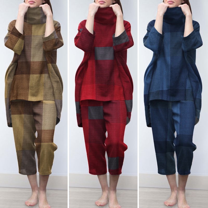 Set bộ ZANZEA gồm áo cổ lọ họa tiết sọc caro + quần ống rộng lưng thun thời trang Châu Âu cho nữ