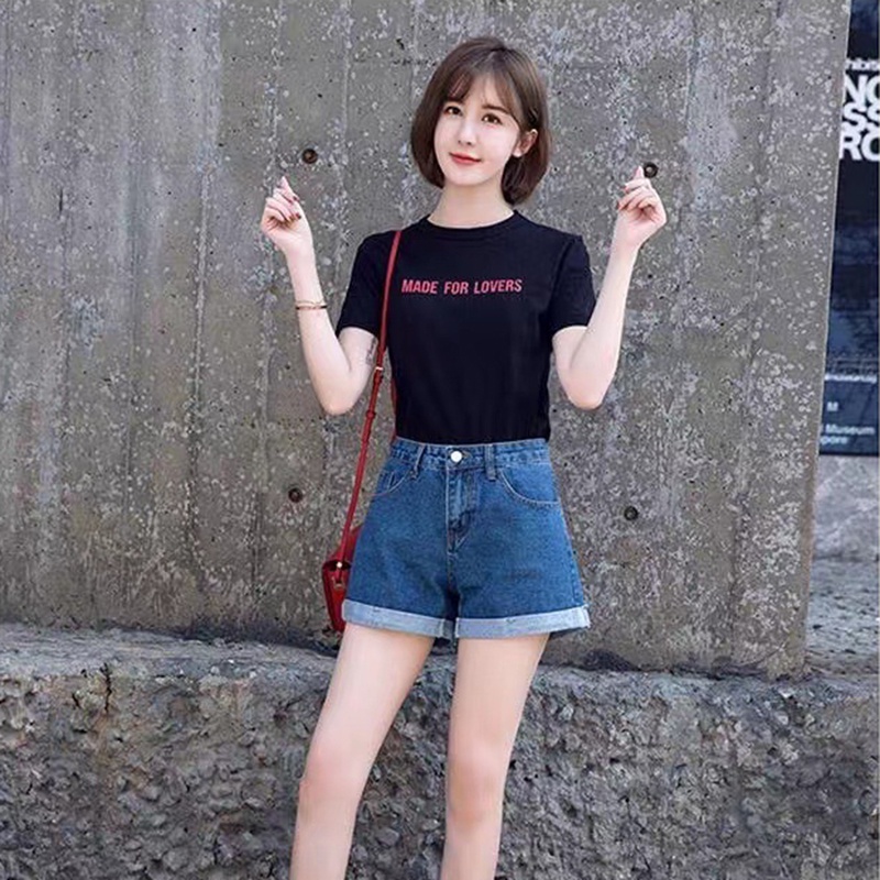 Quần Short denim Màu Đen Dáng Chữ A Ống Rộng Lưng Cao Thời Trang Cho Nữ