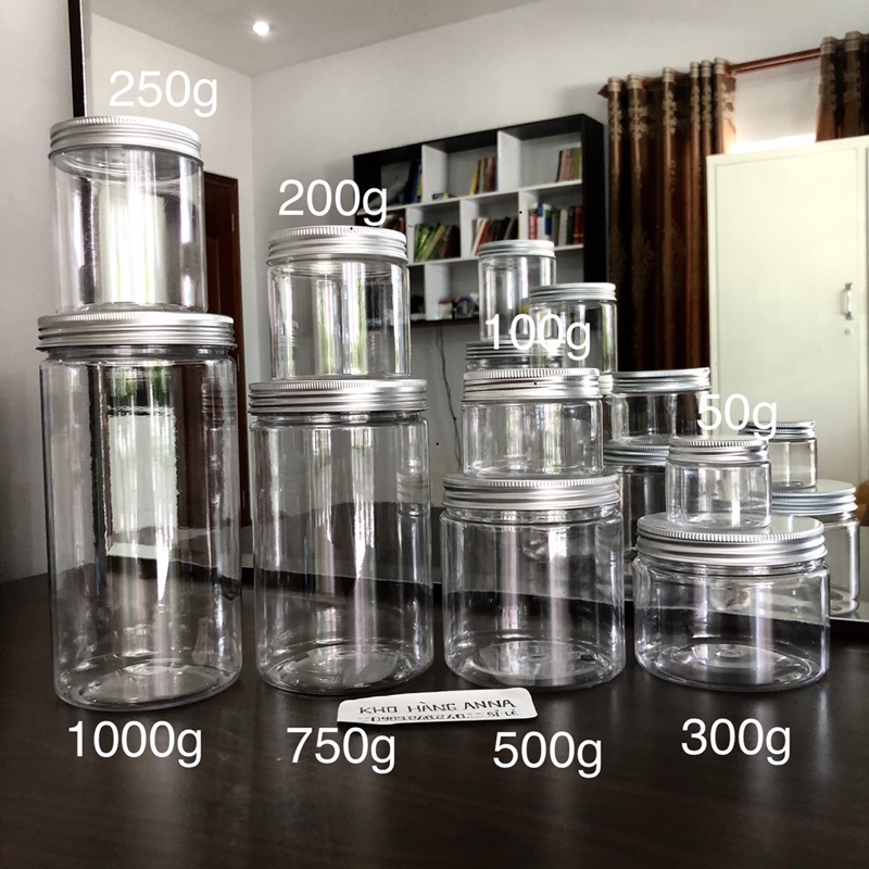 HỦ NHỰA NẮP VÀNG / BẠC ( Đủ kích cỡ) - Hủ Pet Trong suốt nắp nhôm thiếc 50g/ 100g/ 200g/ 250g/ 300g/ 500g/ 750g/ 1kg