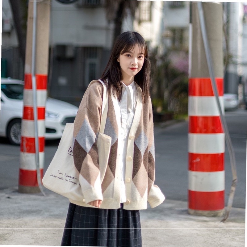 Áo cardigan len kẻ viền ulzzang Tia19 . Áo khoác len kẻ trám vintage ( Ảnh thật)