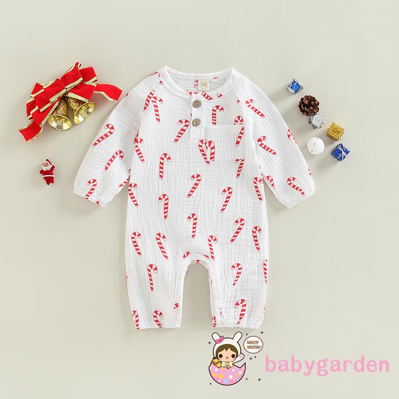Áo Liền Quần Tay Dài Cổ Tròn In Hình Kẹo Giáng Sinh Dễ Thương Cho Bé