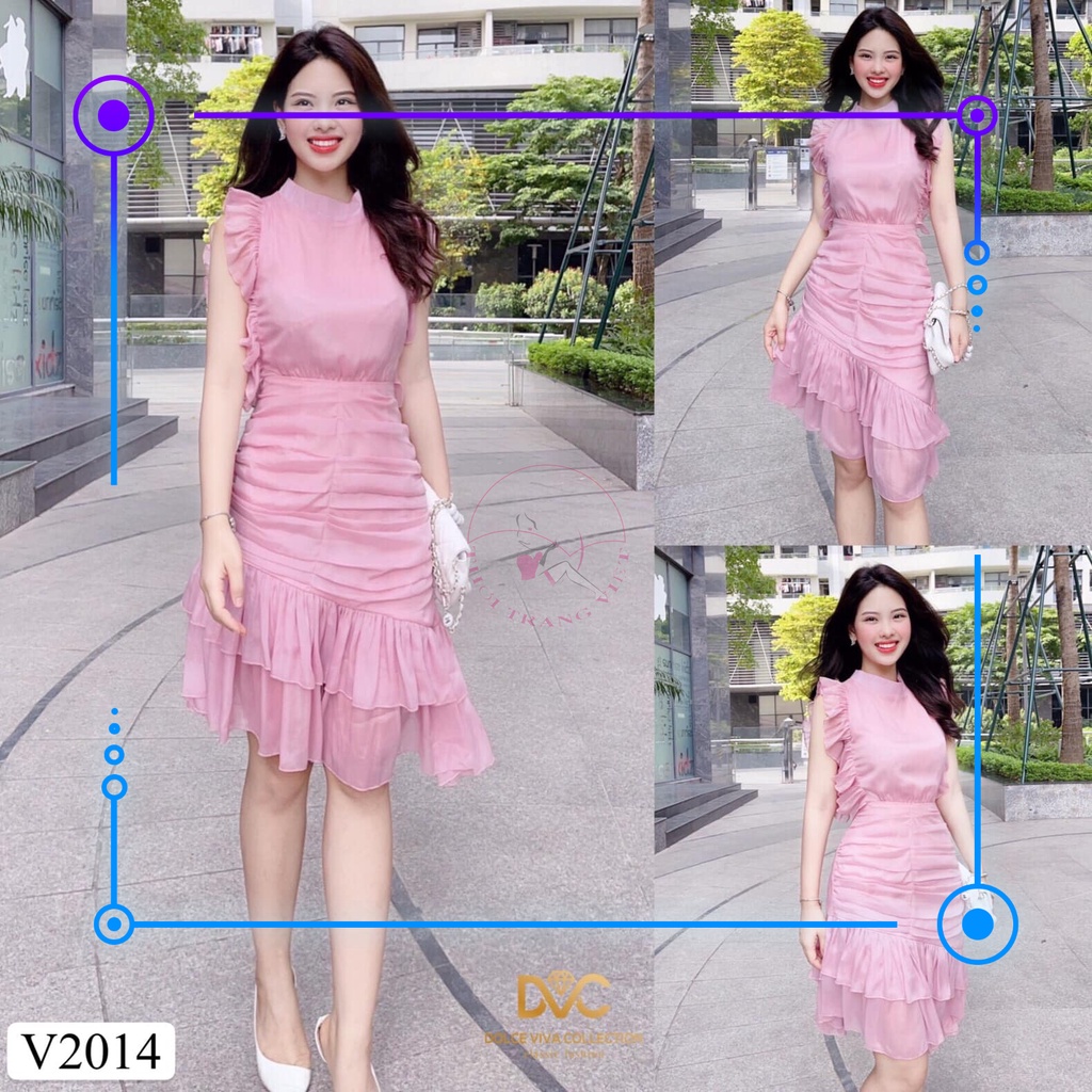 Váy xòe hồng kiểu đuôi cá 2 tầng cổ tròn siêu xinh V2014