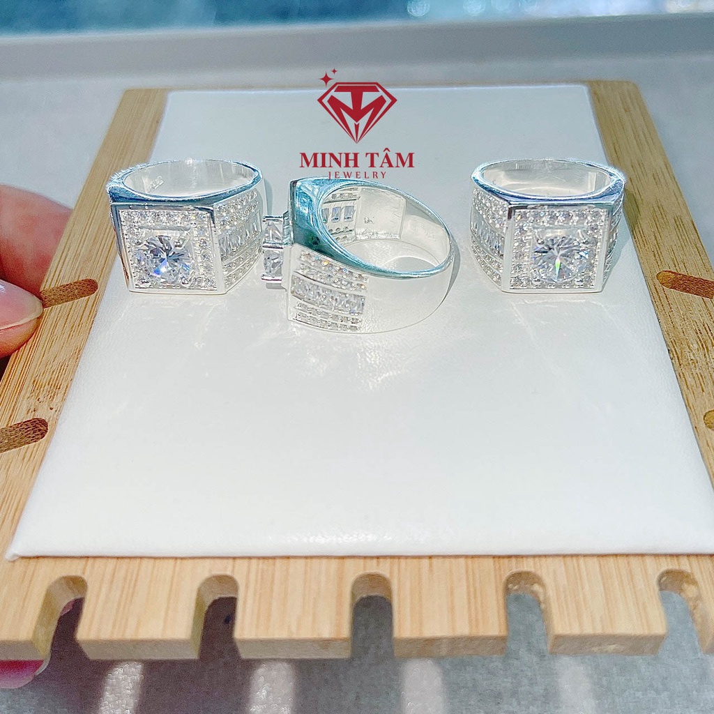 Nhẫn bạc nam mặt nạm đá vuông ổ đá chủ 7 ly chất liệu bạc ta Minh Tâm Jewelry