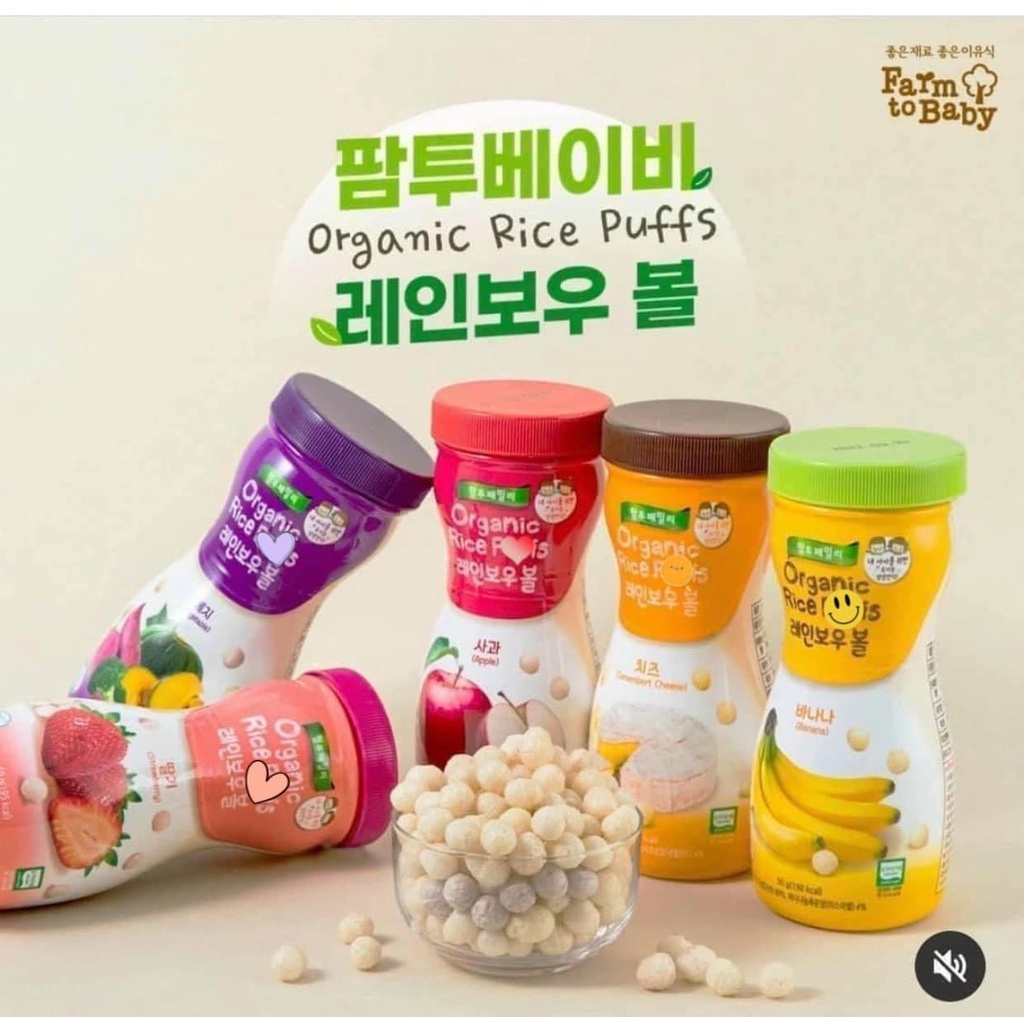 [Date T10.2024] Bánh gạo ăn dặm hữu cơ Farm to Family ORGANIC RICE PUFFS Hộp tròn Hàn Quốc cho bé 6M+ 50g