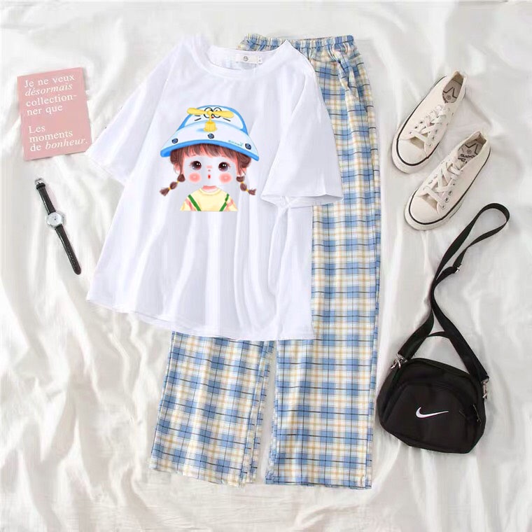 Sét áo Phông Bé socute + quần kẻ xanh,Áo thun from rộng, Chất đẹp không xù, quần suông ống rộng, Sét bộ mặc ở nhà - MODY