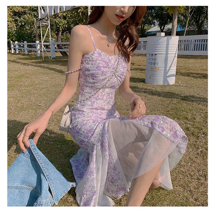 2021 new skirt French design sense of minority wear fishtail purple broken flower suspender dress for women in summer