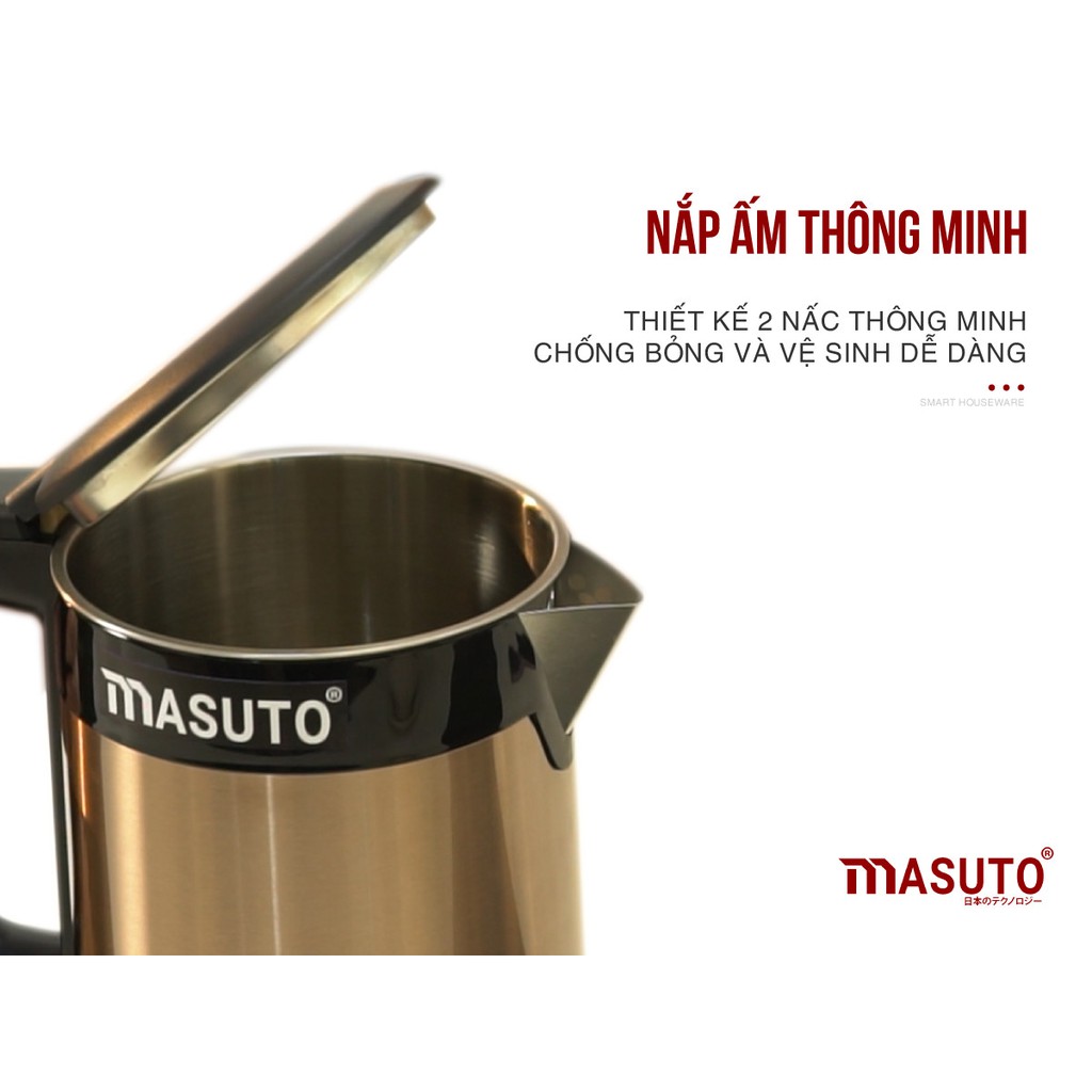 Ấm siêu tốc thông minh 2 lớp Masuto chống bỏng công nghệ Nhật Bản TẶNG HỘP INOX