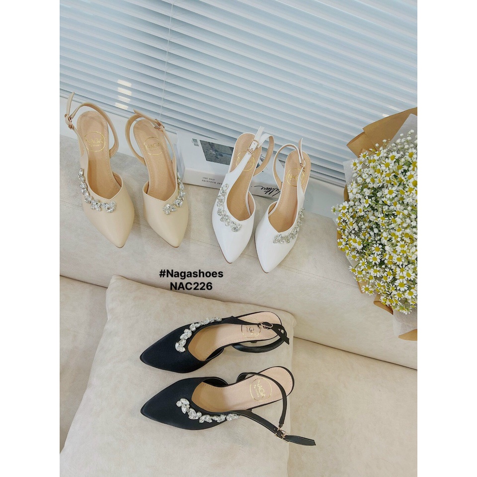 [FORM BÉ CẦN TĂNG 1 SIZE ] CAO GÓT NAGASHOES MŨI NHỌN ĐÍNH DÂY ĐÁ NHÂN TẠO HỌA TIẾT 8P NAC226