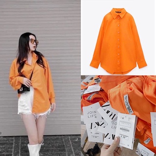 Áo sơ mi nữ cổ đức trơn màu cam dài tay ATN749
