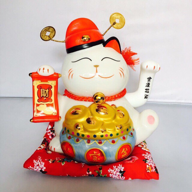 Mèo vẫy tay kim vận đón phúc cao 16cm kèm thảm