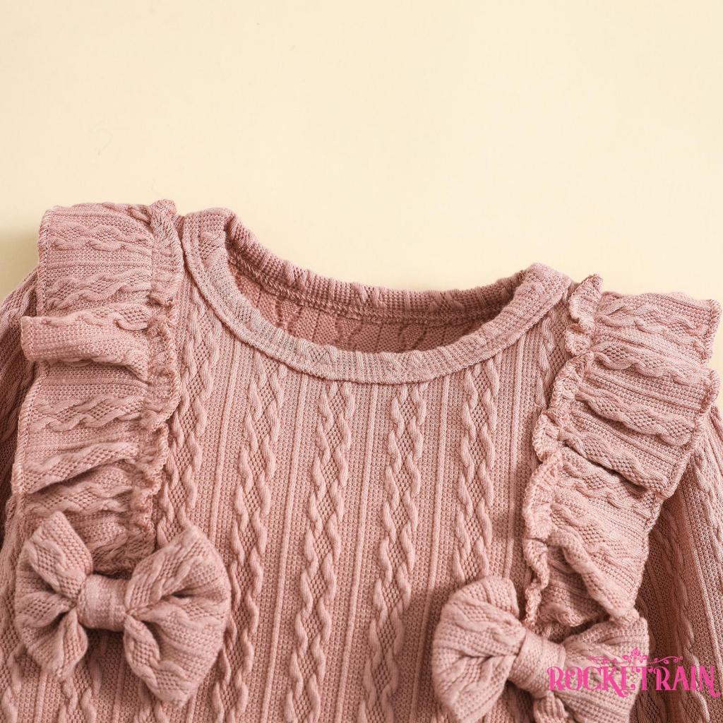 Set Đồ 3 Món Gồm Áo Liền Thân Tay Dài Cổ Tròn Đính Nơ Màu Sắc Trơn + Quần Dài + Băng Đô Cài Tóc Cho Bé Gái