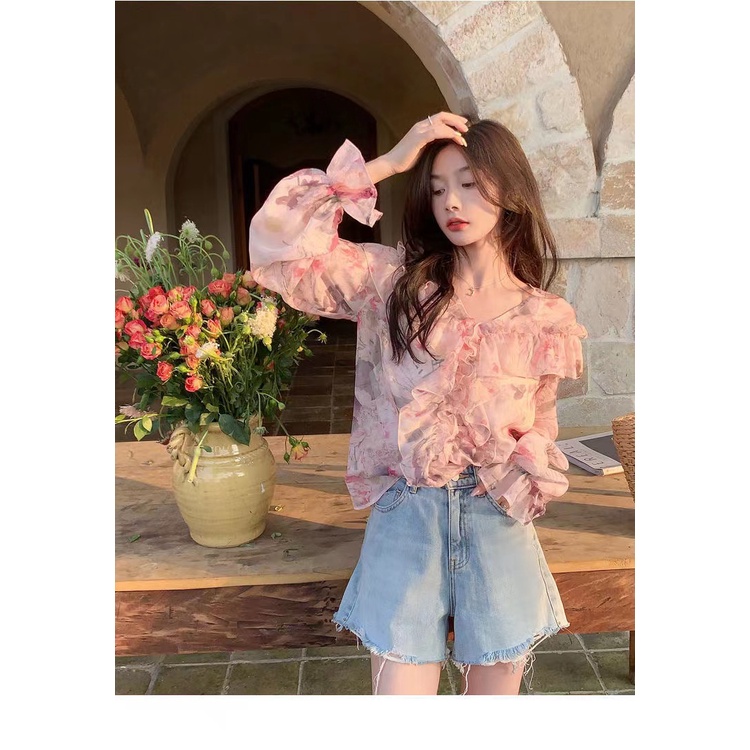 Áo Sơ Mi Voan Tay Dài Họa Tiết Hoa Phong Cách Vintage Hàn Quốc Cho Nữ