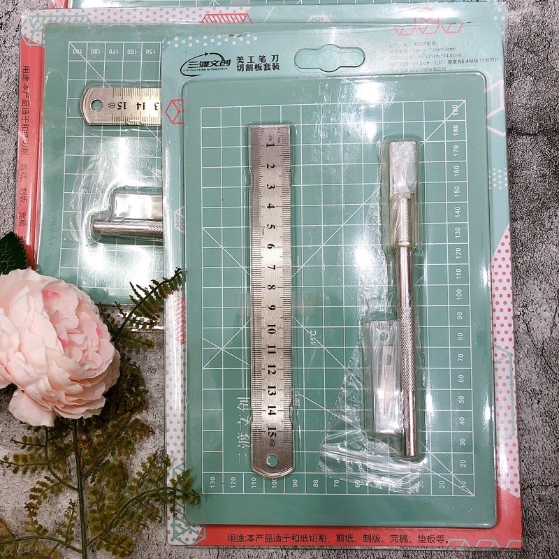 Set bảng cắt tự liền A5 + dao tỉa điêu khắc kèm lưỡi dự phòng cắt trổ kỹ thuật + thước kim loại làm tranh washi