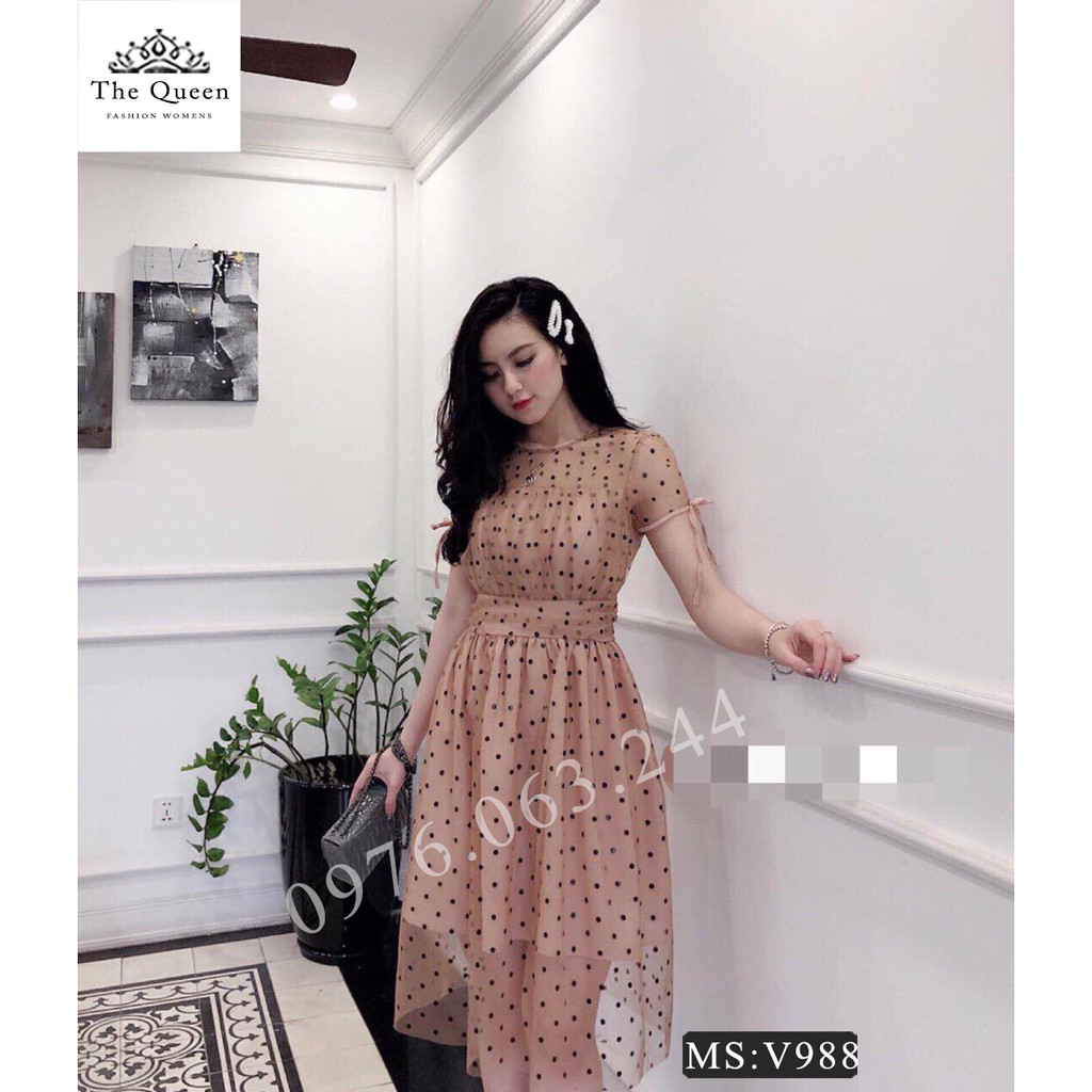 Váy xòe V988 chấm bi - The Queen Fashion - Có ảnh trải thảm của shop
