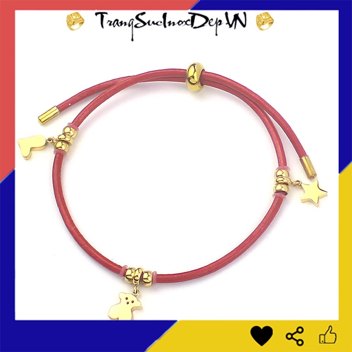 Vòng tay dây da màu đỏ kiểu rút bọc titan cao cấp mạ vàng sáng đẹp, dễ thương, tạo nên vẻ đẹp quyến rũ chotay của bạn
