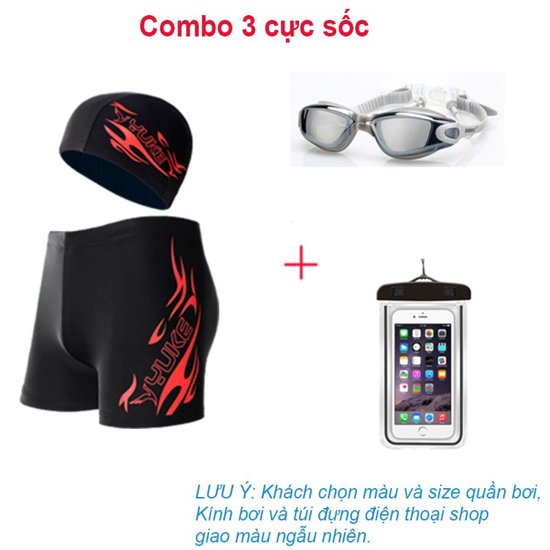 Quần Bơi Nam Ngắn YUKE + Kính Bơi + Túi Đựng Điện Thoại Chống Nước Tặng Kèm Mũ Bơi CB06