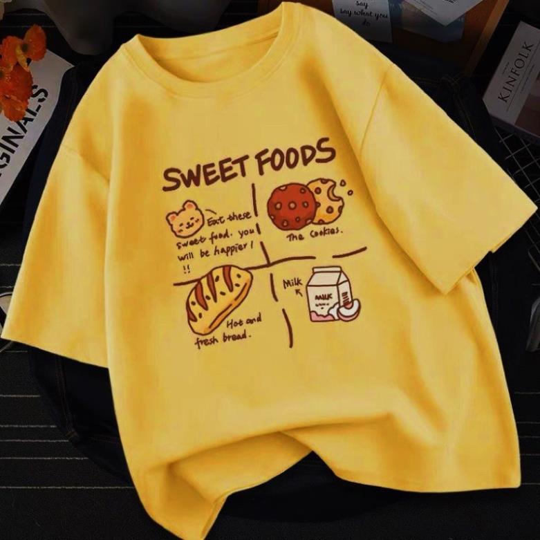 Áo phông nữ HTSTORE cotton mát SGR ÁO THUN VÀNG IN HÌNH BÁNH SWEET form rộng unisex hot xu hướng nhiều màu