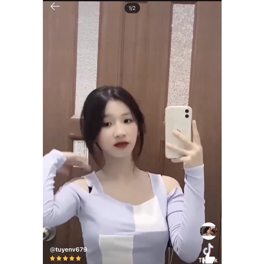 Áo tím hở vai ô đan xen Lovito