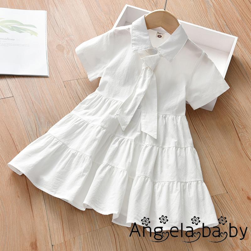 HIAN-Little Girls Summer Lapel Dress, Short Sleeve Solid Color Button Front Loose Fit Dress