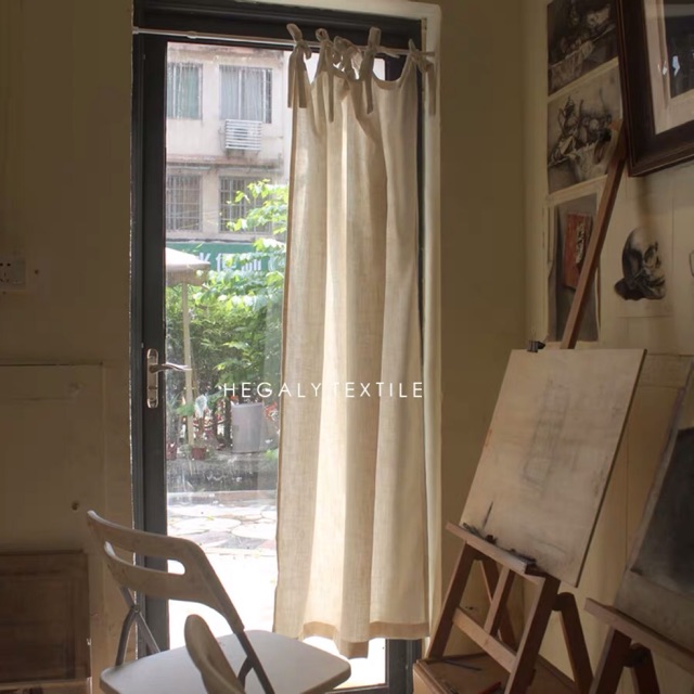 Rèm cửa sổ màu be dạng buộc dây vintage, rèm vải linen buộc nơ xinh xắn trang trí phòng ngủ, quán cafe