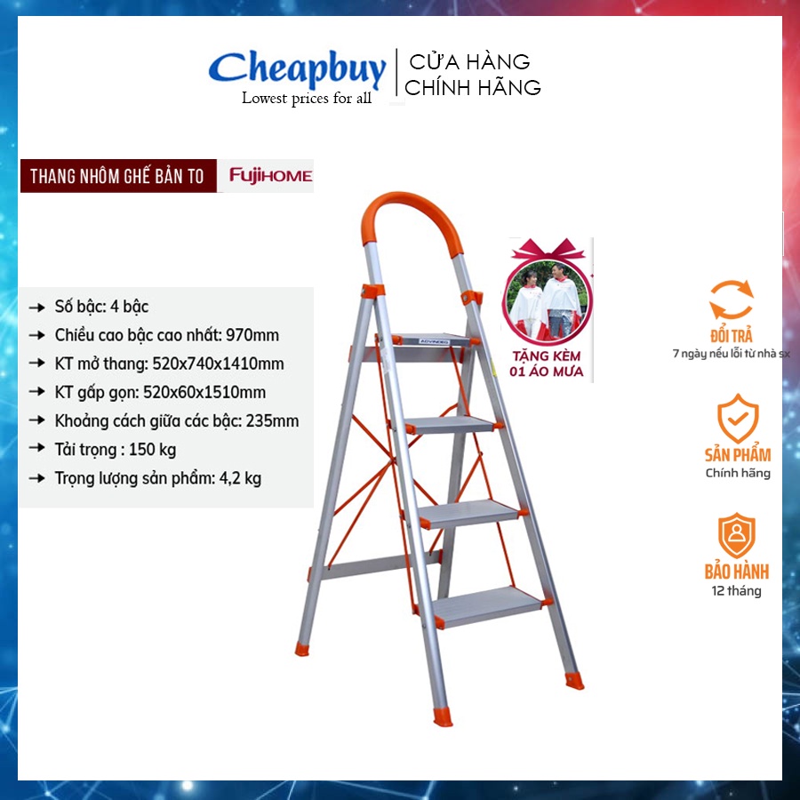 Thang nhôm ghế 4 bậc gấp gọn gia đình bản to có tay vịn FUJIHOME SL-304 ( bậc cao 97cm ) bảo hành 1 năm