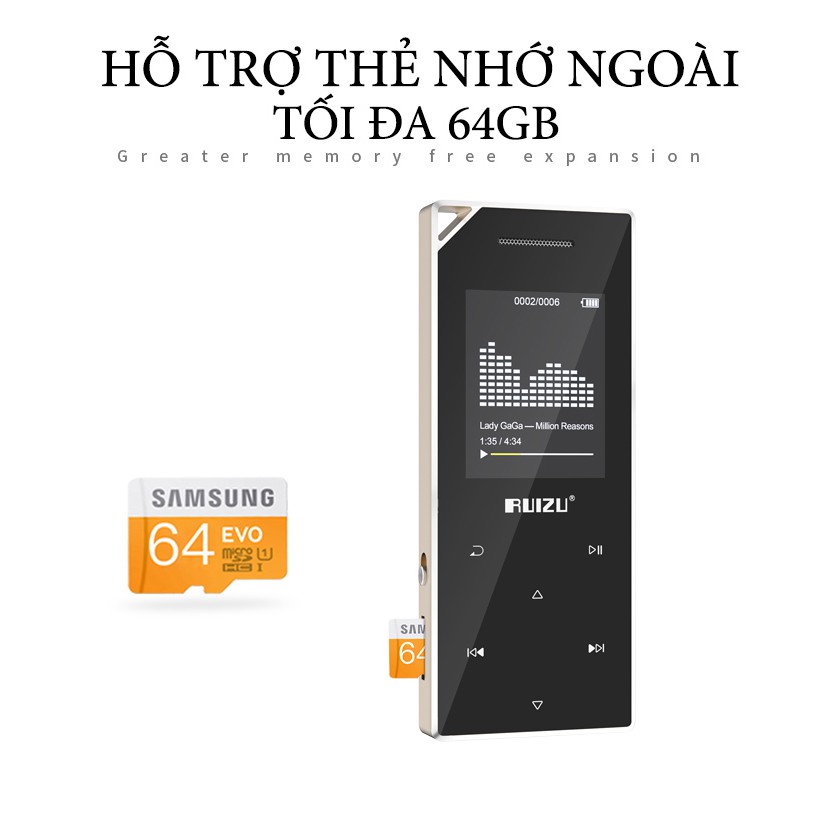 Máy nghe nhạc thể thao MP3 Bluetooth Ruizu D05 Bộ nhớ trong 8Gb - Khung viền cắt CNC cao cấp có loa noa ngoài