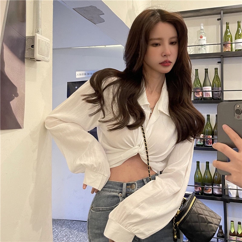【ZHELIHANGFEI】Áo Sơ Mi Cổ Bẻ Lưng Cao Đính Nơ Trẻ Trung Quyến Rũ Dành Cho Nữ
