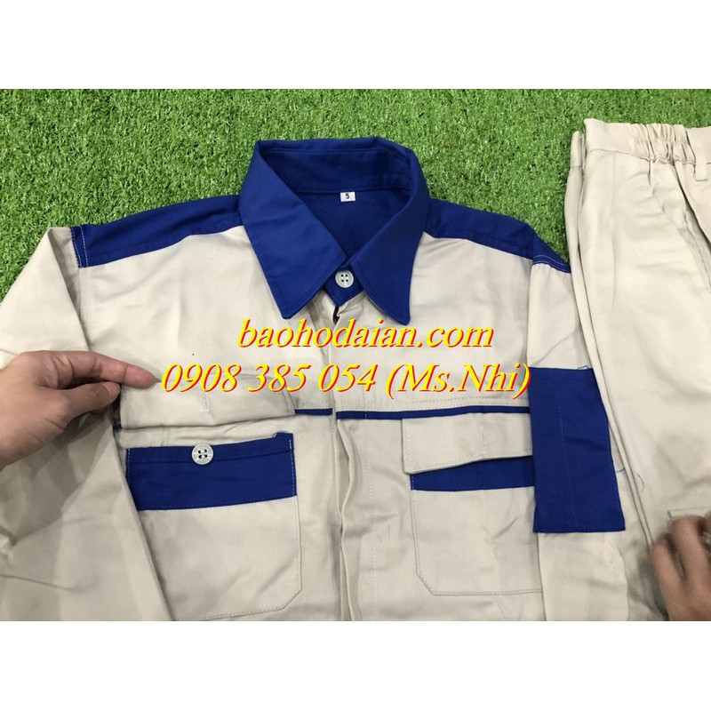 Quần áo bảo hộ lao động màu kem phối xanh vải kaki thấm hút mồ hôi M02- Hình thật