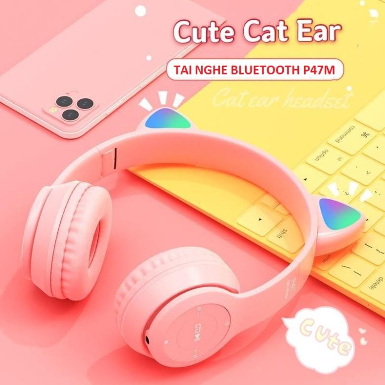Tai Nghe Mèo Bluetooth P47M MZ47 Tai Mèo Dễ Thương Có Mic, Âm Bass Mạnh Mẽ Nghe Nhạc Cực Hay FullBox