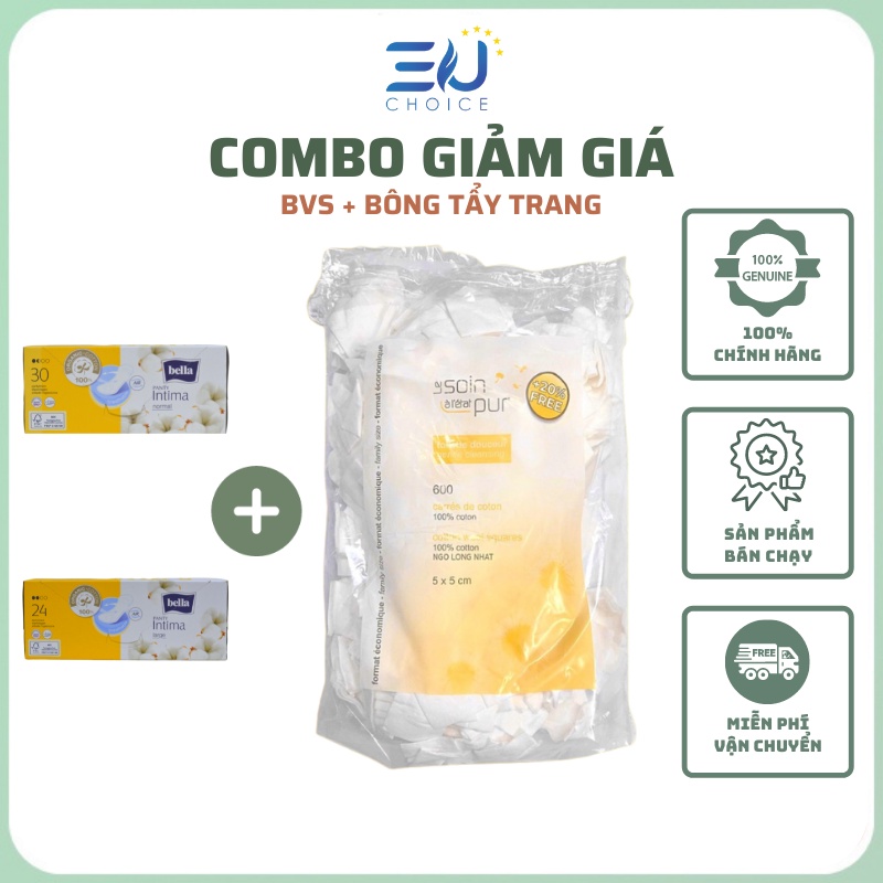 Combo chăm sóc chị em toàn diện 3 : 1 gói bông tẩy trang 600 miếng  + Miếng dán vệ sinh Maxi BELLA 24-30 miếng