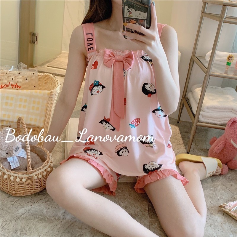 Đồ bộ ngủ bầu 2 DÂY IN HÌNH NGỘ NGHĨNH chất cotton siêu mịn mát BC11