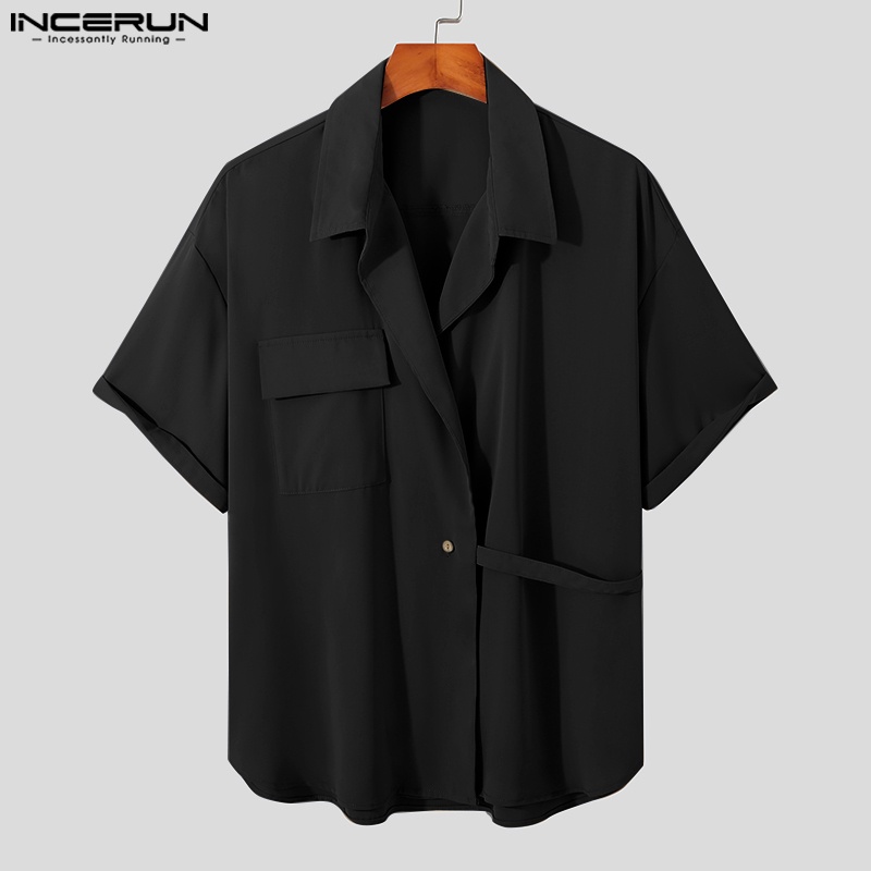 Áo sơ mi INCERUN tay ngắn có cổ thiết kế bất đối xứng thời trang cá tính cho nam