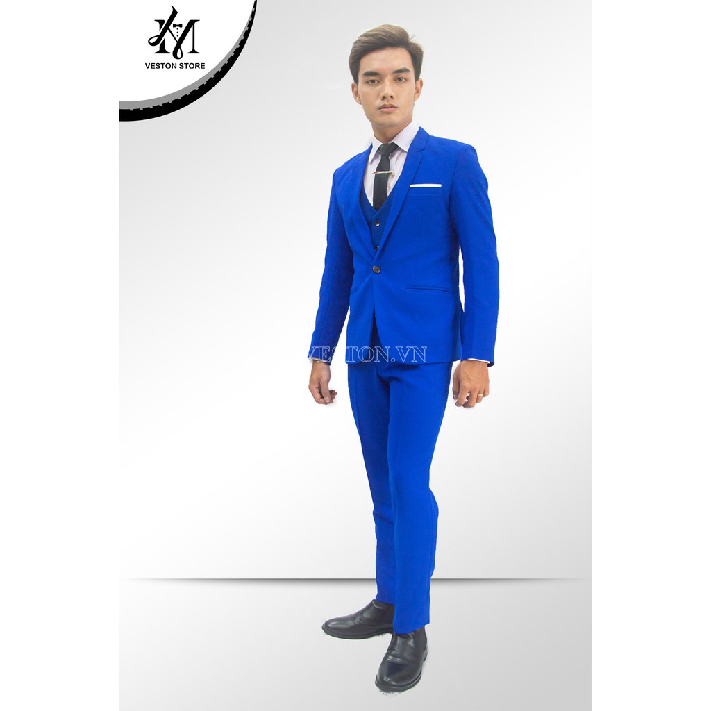 Bộ vest nam và gile + sơ mi ôm body màu xanh coban tặng cà vạt nơ