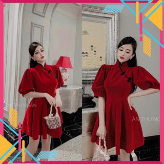 Vnu59 - váy nhung đỏ xoè cổ khuy tàu