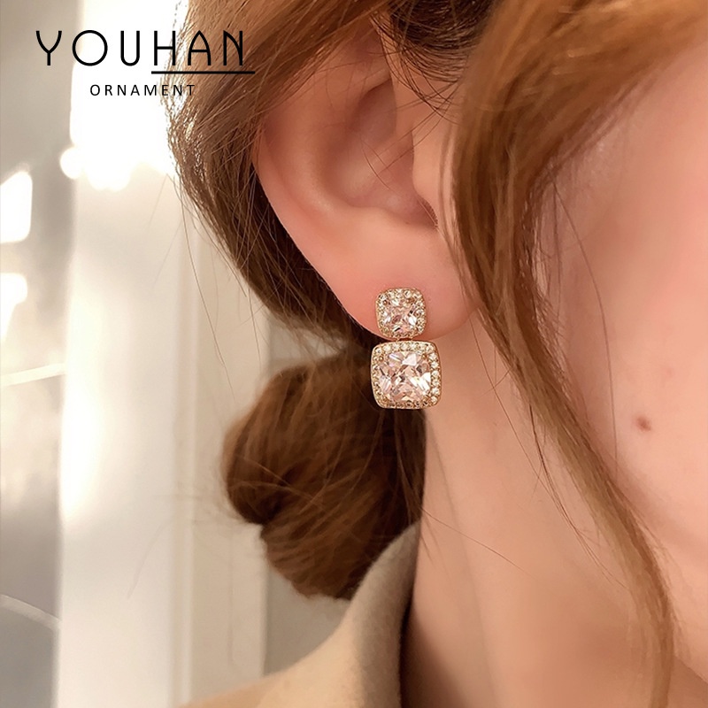 Bông Tai Mạ Bạc 925 Hình Vuông Đính Đá Zircon Phong Cách Hàn Quốc Sang Trọng