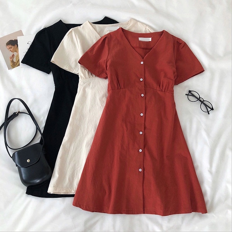 Đầm Tay Ngắn Cổ Chữ V Phong Cách Retro Hong Kong Thời Trang Mùa Hè Cho Nữ